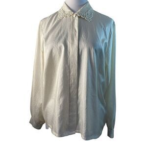 Judy Bond Vintage Lace Collared Blouse Sz 14 Ivory Hidden Button Front USA
